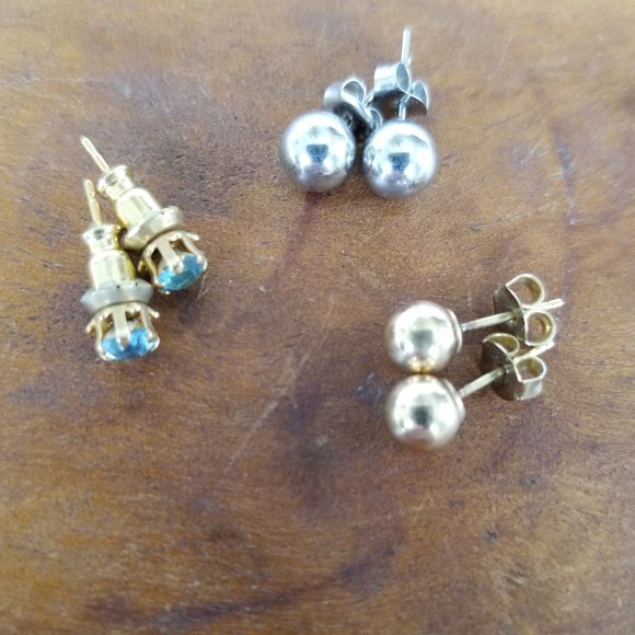 Vintage Post Earring Lot- 3 pairs- Gold & Silver Ball & Aqua Blue Crystal - Picture 3 of 8